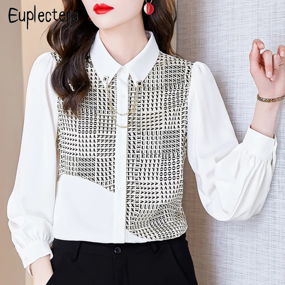 Letter Printed Women Shirts Vintage Full Sleeve Chiffon Ladies Blouses Turn-down Collar Button Double Chain Design Tops Chic New
Letter Printed Women Shirts Vintage Full Sleeve Chiffon Ladies Blouses Turn-down Collar Button Double Chain Design Tops Chic New