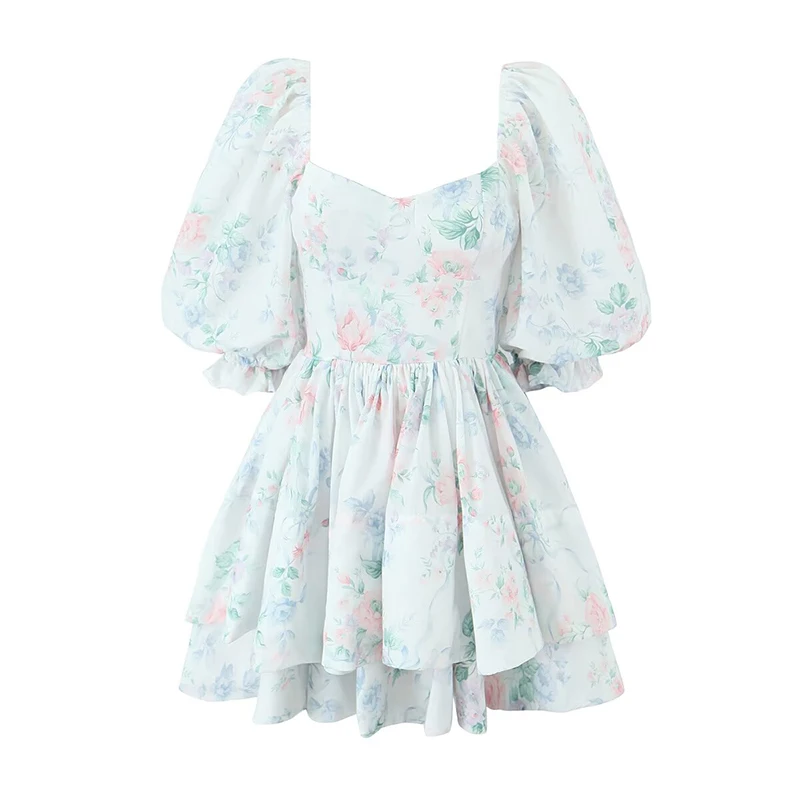 Floral Print Holiday Party Dresses Women Vintage Puff Sleeve Double Layered Hem Mini Summer Dress Beautiful Robe
Floral Print Holiday Party Dresses Women Vintage Puff Sleeve Double Layered Hem Mini Summer Dress Beautiful Robe