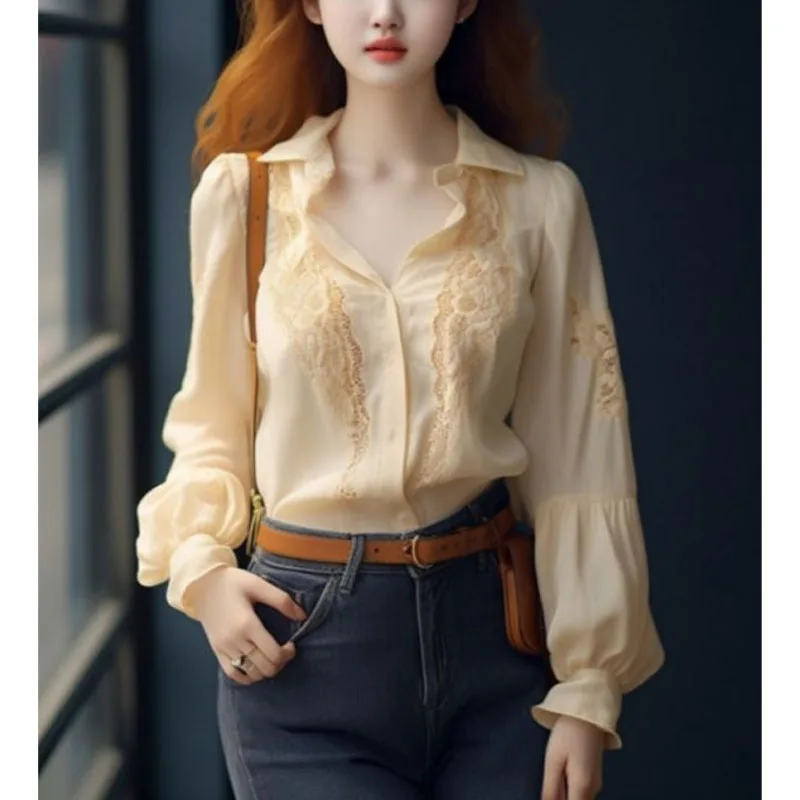

2024 Spring Autumn New Women's Solid Color Polo-Neck Button Hollow Out Fashionable Versatile Loose Commuter Chiffon Shirt Tops