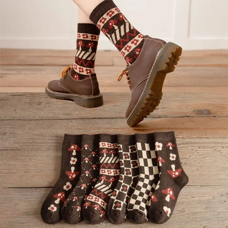 

Thickened Warm Wool Socks Tube Socks Casual Socks Autumn and Winter Warm Comfortable Cotton Checkerboard Mushroom Cute Socks