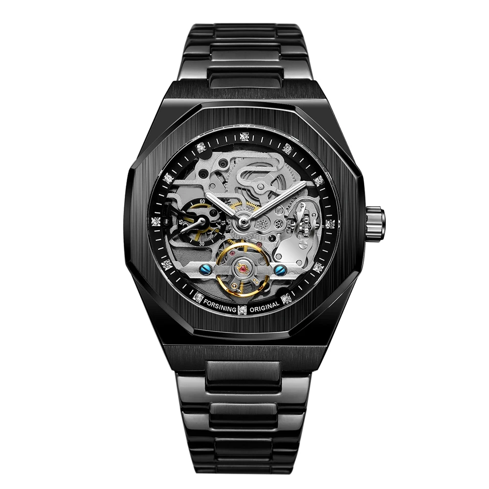 

Forsining Black Stainless Steel Strap Automatic Watches Mens Skeleton Hollow Wristwatches Luminous Clock Tourbillon Montre Homme