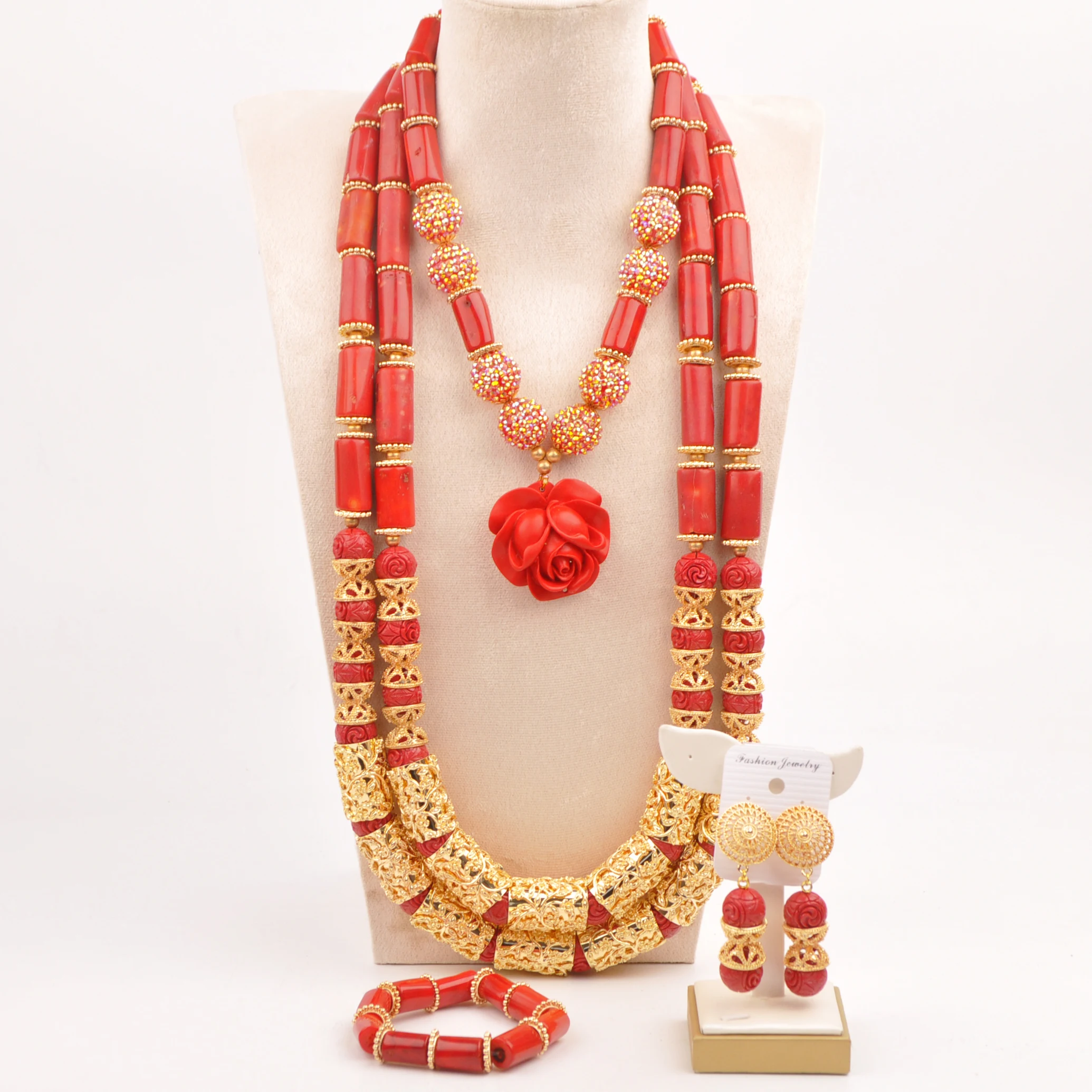 

Fashion Nigerian new couple natural red coral necklace African bride wedding jewelry set SHXY-34