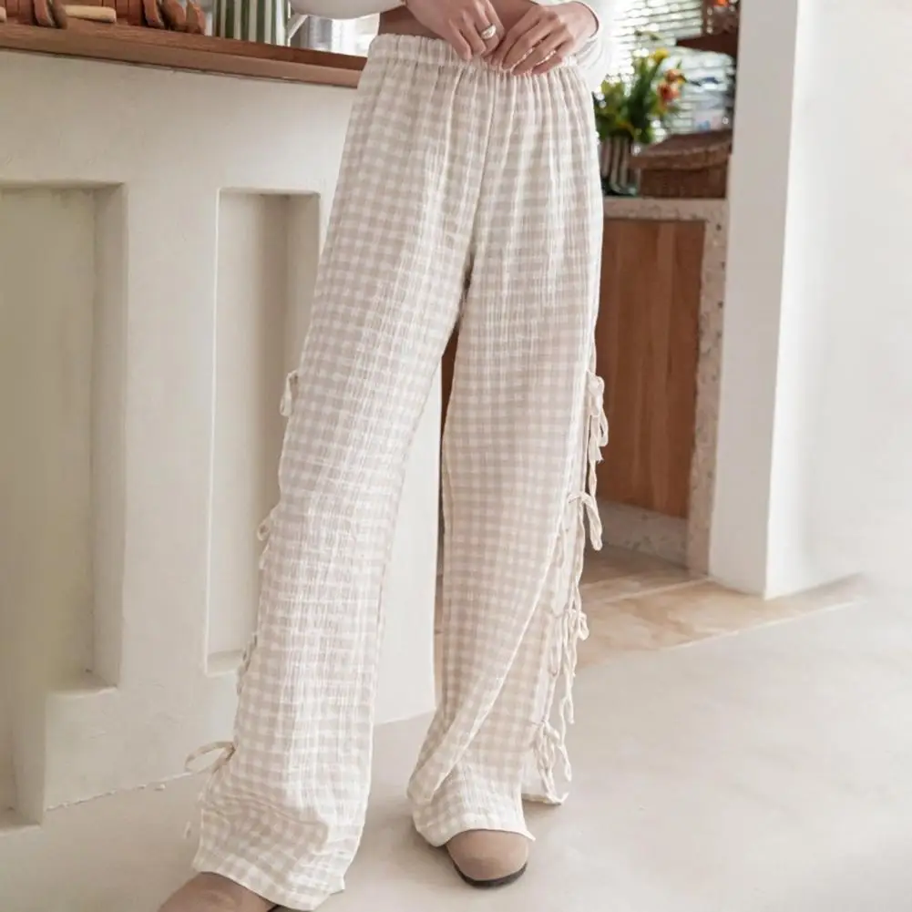 

Women Pants Plaid Print Wide Leg Trousers With Side Slit Bowknot Lace-up Detail Mid-rise Elastic Waist Pants For Women For Work