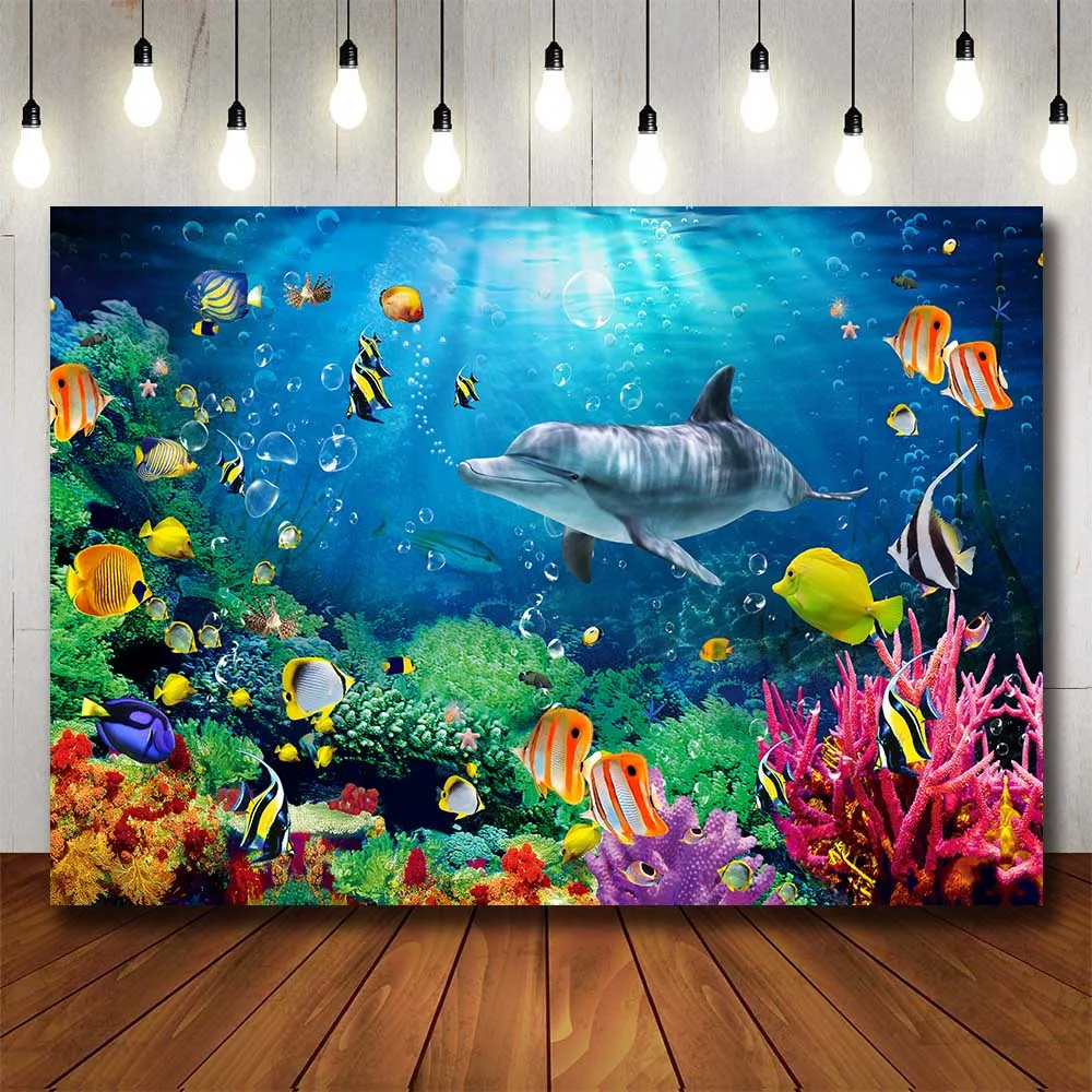 

Underwater World Dolphin Coral Seaweed Seabed Aquarium Theme Photography Background Children Birthday Party Decor Backdrop
