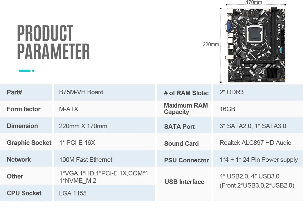 B75M-VH motherboard lga 1155 B75A 1155 With I5 3570 CPU DDR3 8G1600 NVME M.2 USB3.0 SATA3.0 B75M Base plate Desktop Motherboard B75M-VH motherboard lga 1155 B75A 1155 With I5 3570 CPU DDR3 8G1600 NVME M.2 USB3.0 SATA3.0 B75M Base plate Desktop Motherboard