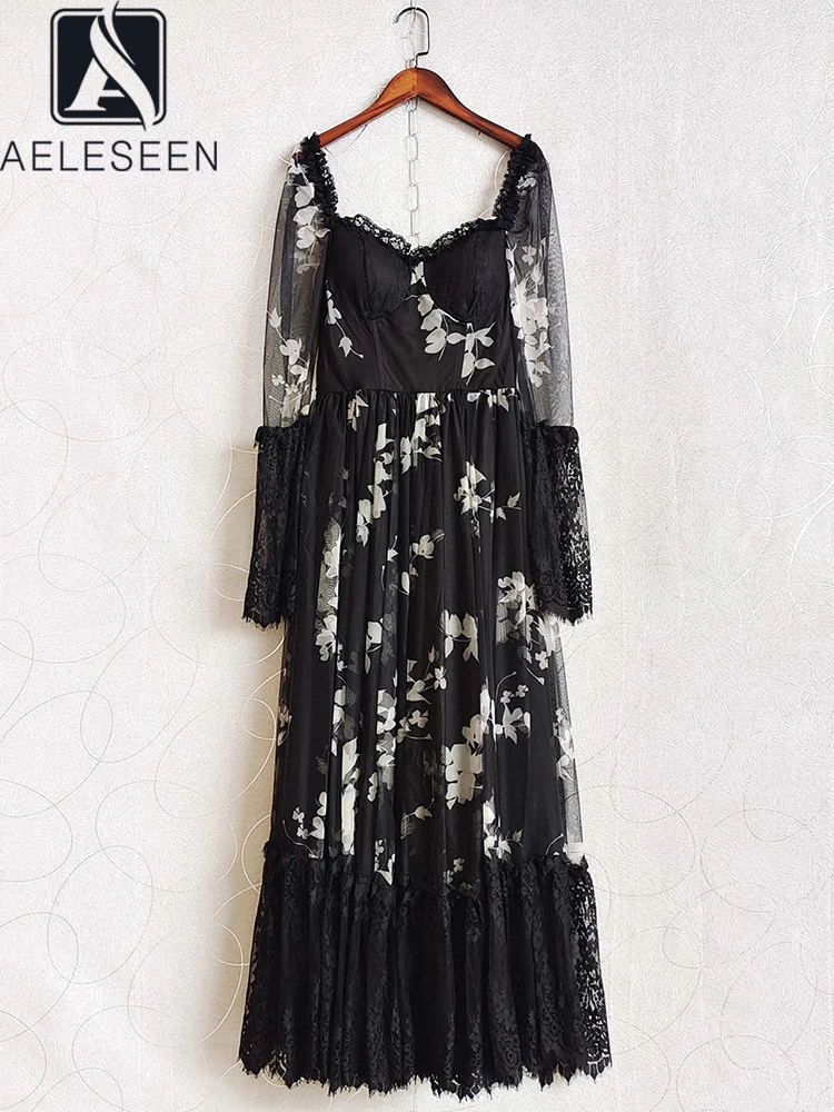 

AELESEEN Runway Fashion Long Dress Women Spring Summer Lace Patchwork Full Flare Sleeve See-through Flower Print Ruffles Party