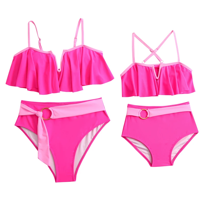 

Family Set 2PCS Mommy and Me Swimsuits V-Neck Mother Daughter Matching Swimwear Ruffled Women Girls Bikini Dresses Clothes 2024