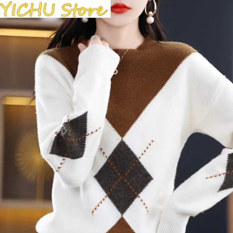 

New Merino Wool Color Contrast Women's Crew Neck Pullover Sweater Loose Slouchy Knitwear Luxurious Embellished Backing Tops