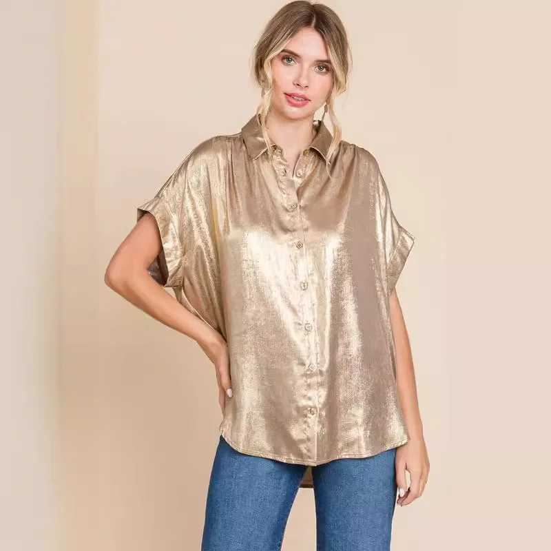 

Women's Shirt Hot Stamping Batwing Sleeve Blouse 2024 New Casual Single-breasted Short-sleeved Loose Blouse High Street Clothes