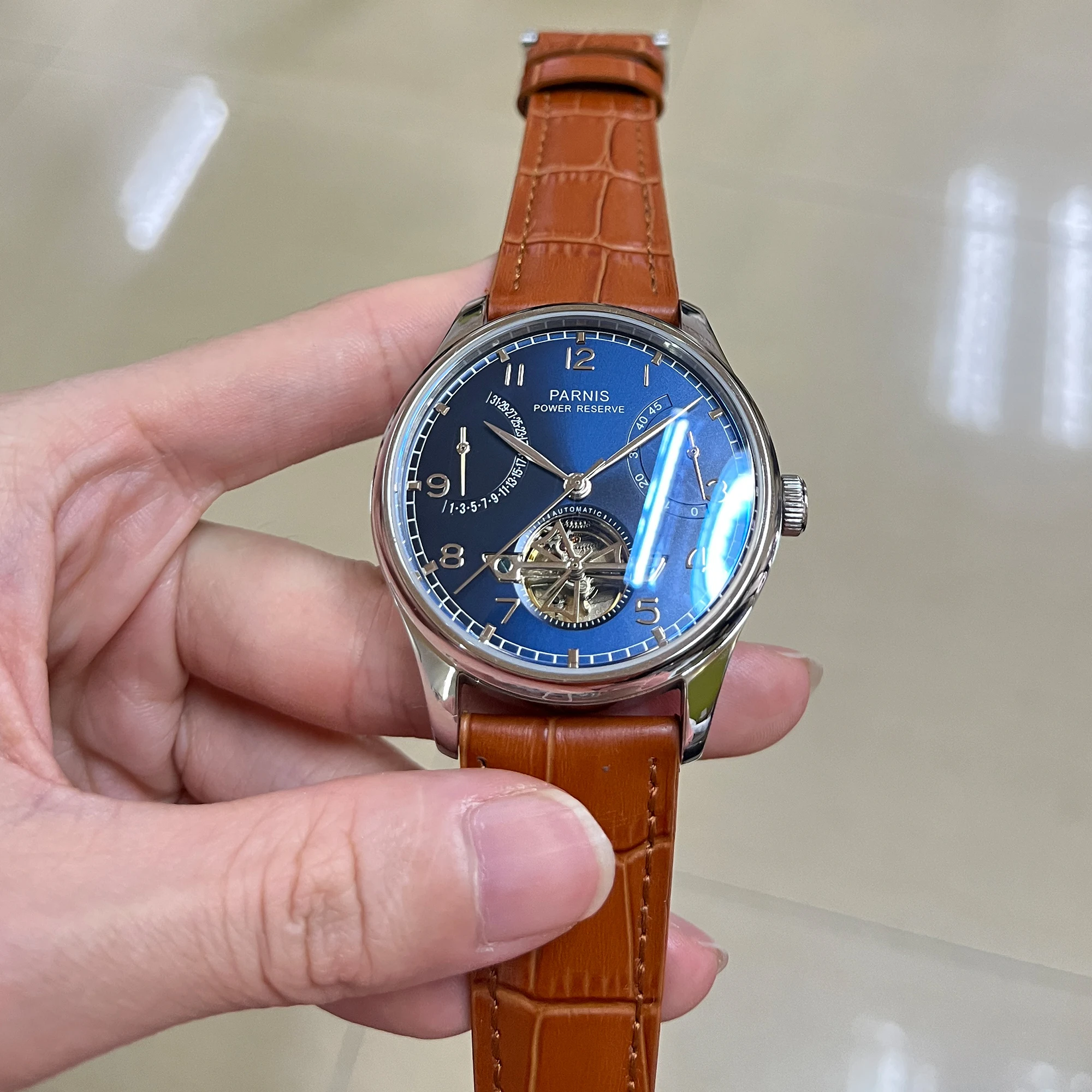 Часы мужские механические с синим циферблатом, модные автоматические с коричневым кожаным ремешком, календарем и турбийоном, 43 мм