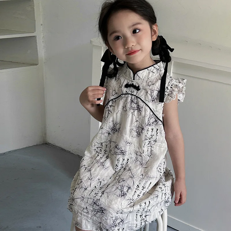 

New Chinese Dresses Girls Ink Print Cheongsam Dresses New Girls Summer Hanfu Flower Girl Dresses