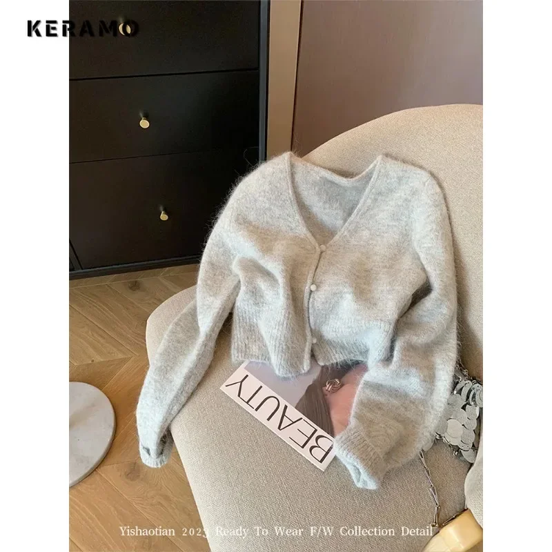 

2023 Winter Casual Single Breasted Sweater Women Fashion Basics Solid Color Jumpers Knitting Long Sleeve V-neck Short Cardigans