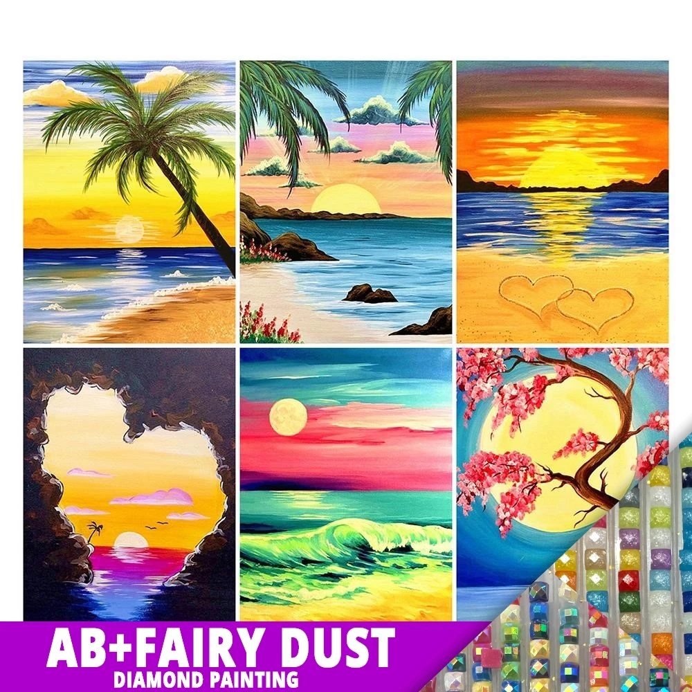 

AB Fairy Dust Diy 5d Full Diamond Painting Scenery Embroidery Drill Sunset Seaside Coconut Tree Mosaic Furniture Decor Hobby
