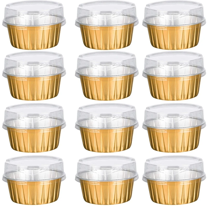 

Dessert Cups with Lids, 50 Pack Gold Aluminum Foil Baking Cups Holders, Cupcake Bake Utility Ramekin Clear Pudding Cups