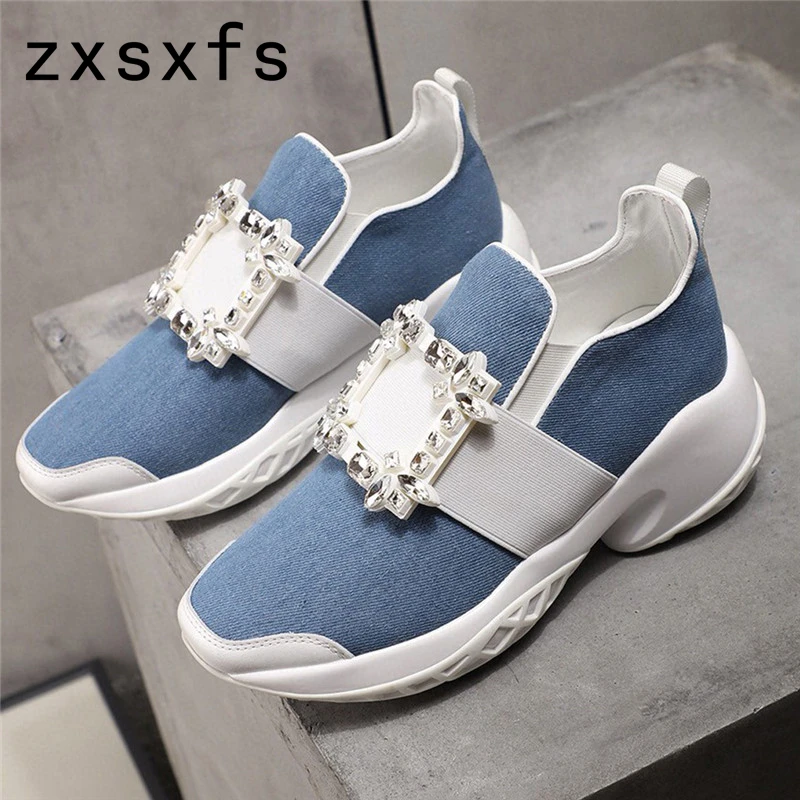 

New Ladies Blue Sneakers Women Round Toe Thick Bottom Causal Brand Shoes Shiny Crystal Autumn Female Runner Shoes Driving Loafer