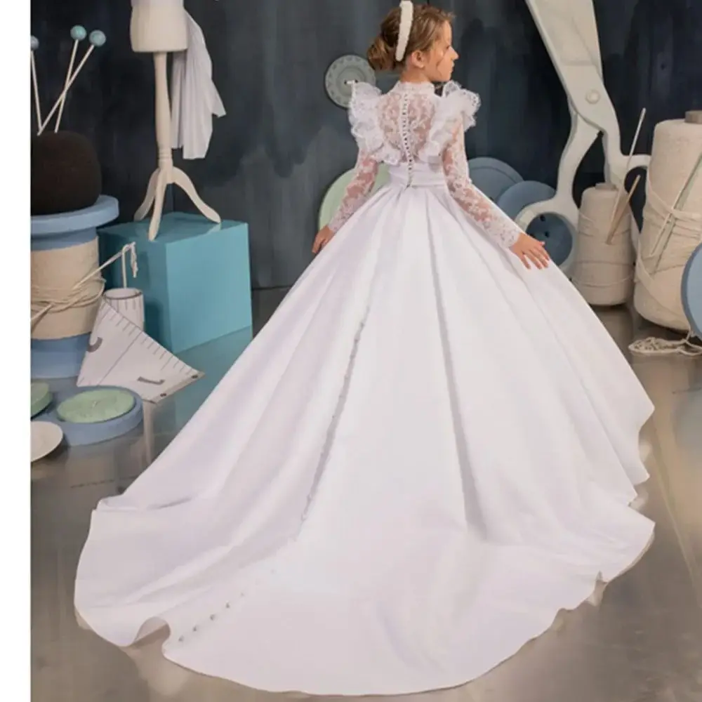 

Flower Girl Dresses For Weddings Princess Lace Long Sleeve Backless Holy First Communion Gowns Party Pageant Dress Girls Gowns