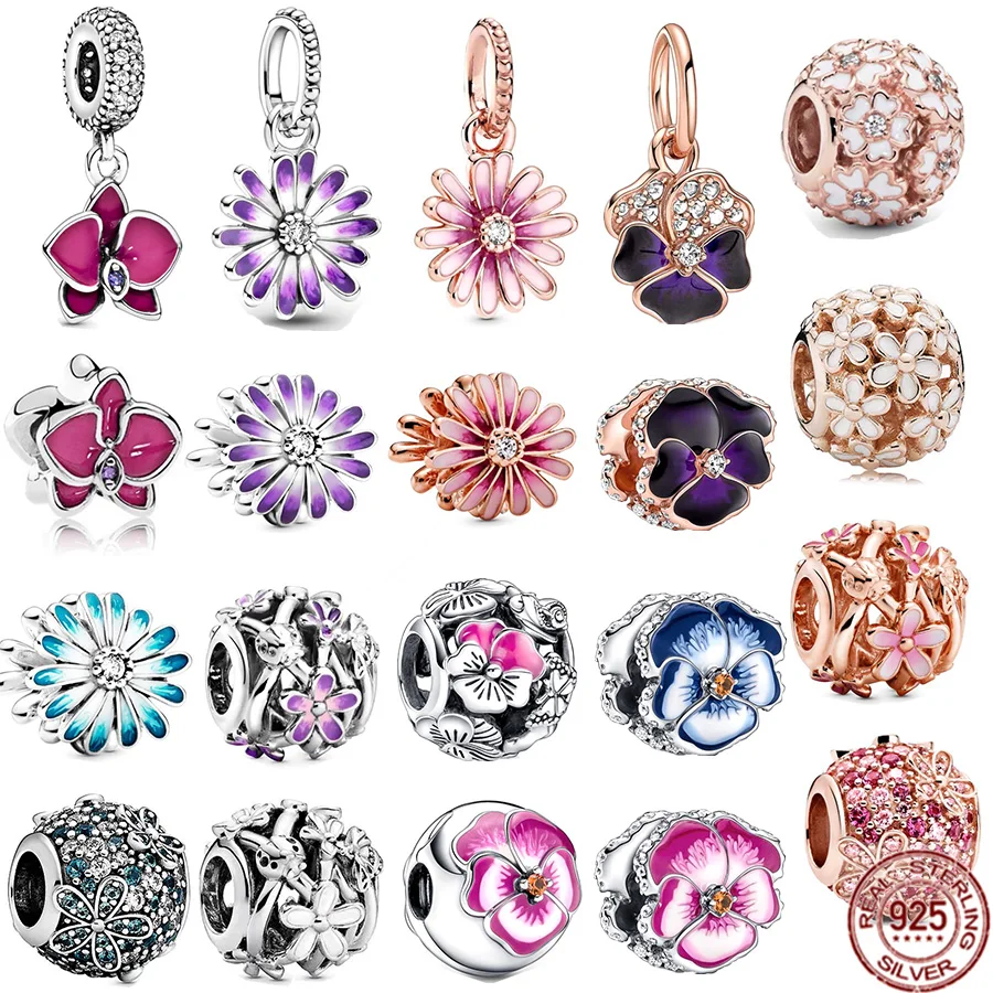 

NEW 925 Sterling Silver Purple Daisy Pink Pansy Flower Clip Dangle Charm Bead Fit Original Pandora Bracelet Women Jewelry Gift