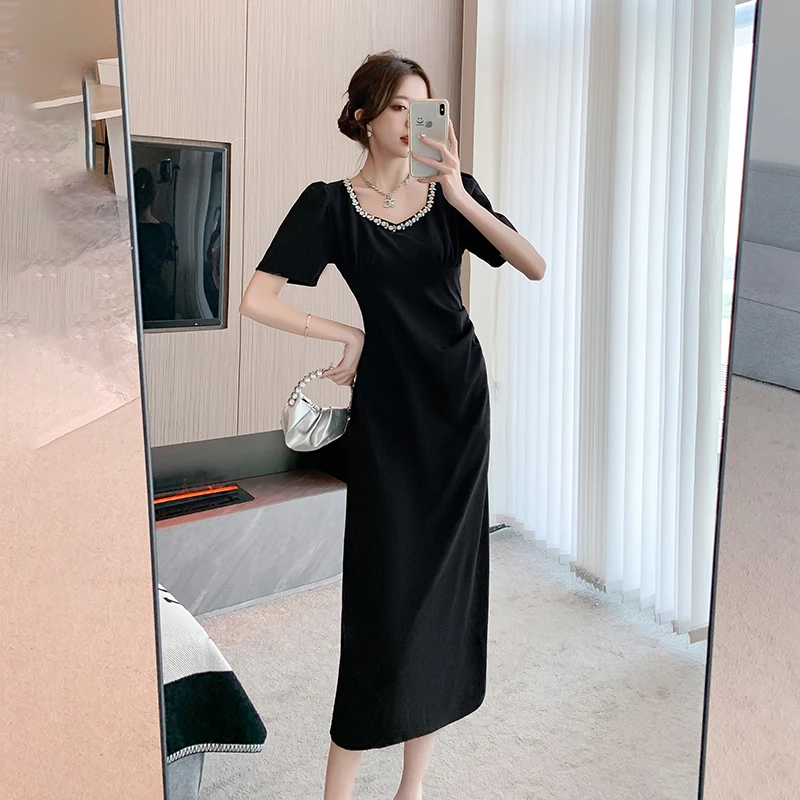 

Винтажные черные повседневные платья-миди для женщин, Новинка лета 2024, элегантная шикарная облегающая женская одежда с коротким рукавом, разрезом и складками в Корейском стиле