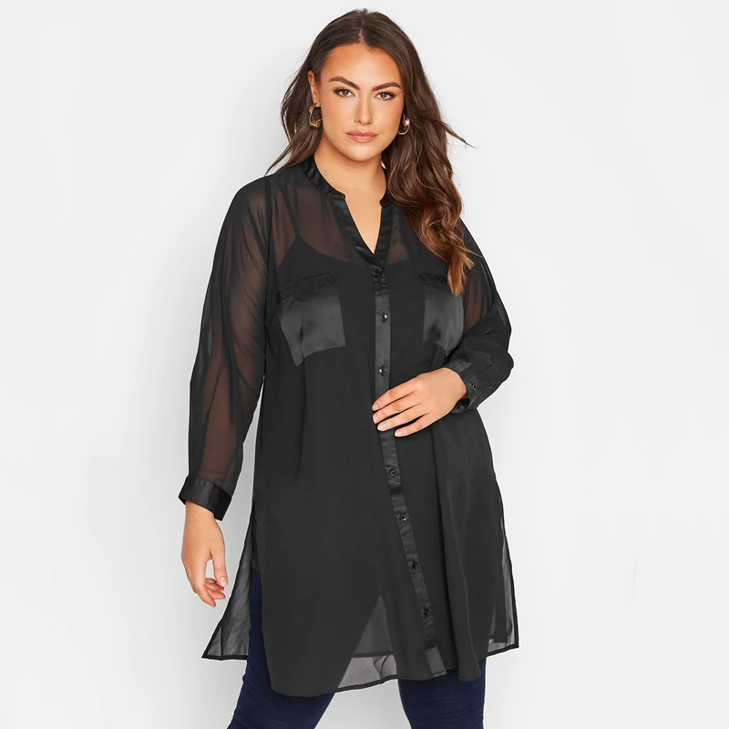 

Plus Size Long Sleeve Spring Autumn Elegant Longline Shirt Women Button Up V-neck Black Blouse Large Size Business Shirt 6XL 7XL