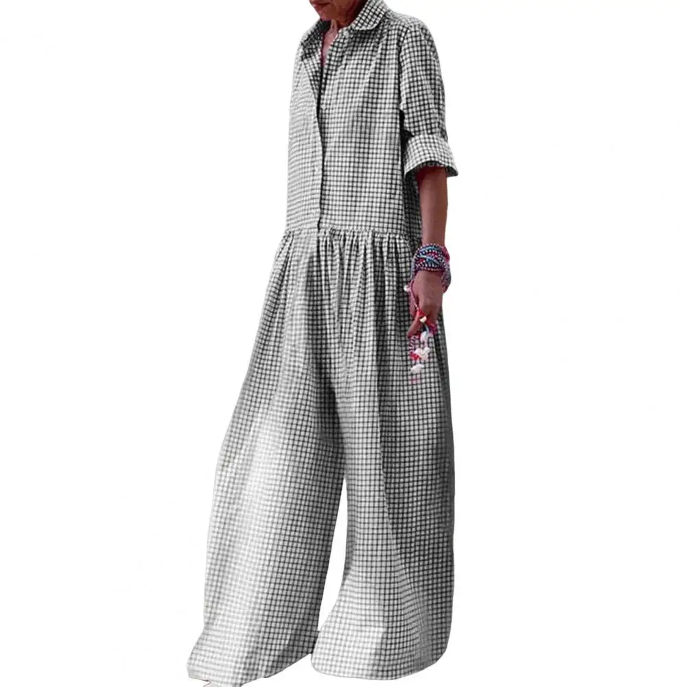 

Women Jumpsuit Stylish Check Print Women's Jumpsuit with Long Sleeves Wide Legs Casual Loose Fit for A Fashionable Look Plaid