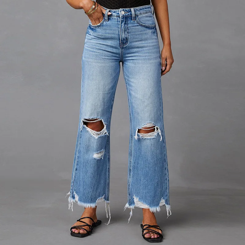 

2024 Women's Ripped Jeans Autumn and Winter New Fringe Washed Ripped High-waisted Pants Wide-leg Pants Jeans Pantalones De Mujer