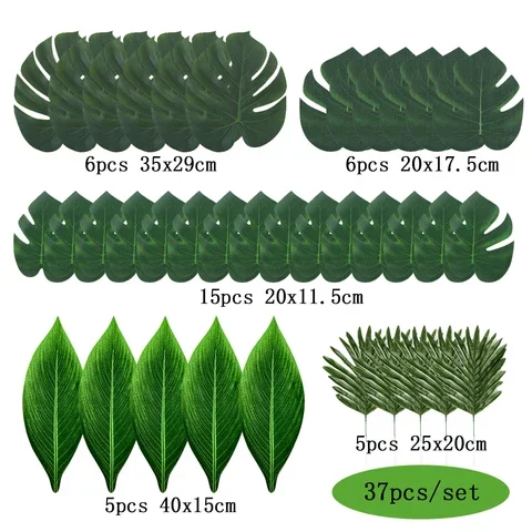

37pcs 5 types Fake Tropical Plants Green Turtle Leaf Palm leaves For Birthday Wedding Home Hawaii Jungle Party Decorations