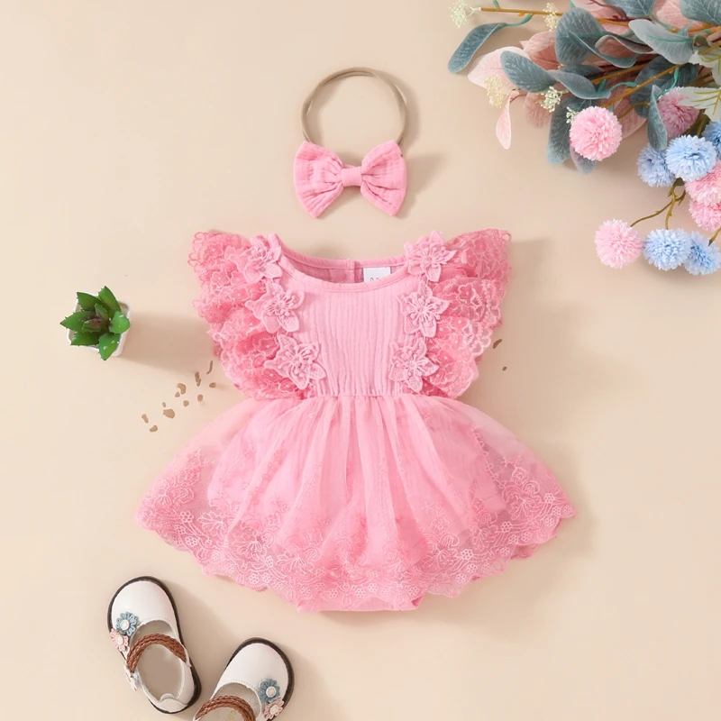 

Cute Newborn Baby Girl Floral Romper Dress Ruffled Lace Sleeve Solid Color Bodysuit Tulle Tutu Skirt with Headband