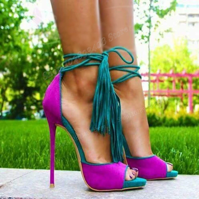 

Purple Green Tassels Fringe Strappy Sandals Suede Peep Toe Lace-up Stiletto High Heel Women Shoes 2023 Sexy Zapatos Para Mujere