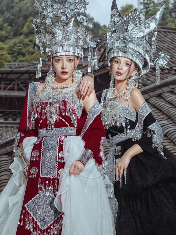 

Miao Women's Black Set Tujia Ethnic Style Trailing Dress Wedding Photography Hmong Village New Clothing