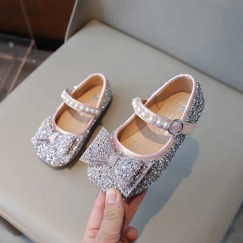 

Kids Leather Shoe Shallow Sequins Princess Shoes for Girls Fashion Bling Glitter Bowtie Children Causal Ballet Flat Shoes Sweet