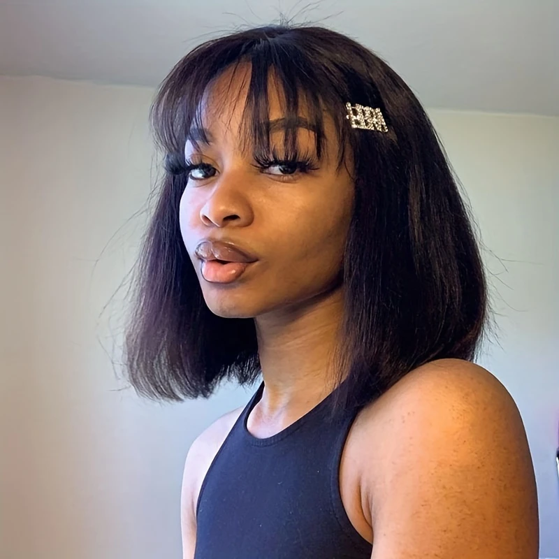 

HD Lace Fake Scalp Wigs Straight Fringe Bang Human Hair Wig 3x1 With Bangs Brazilian Virgin 180 Density For Black Women Short