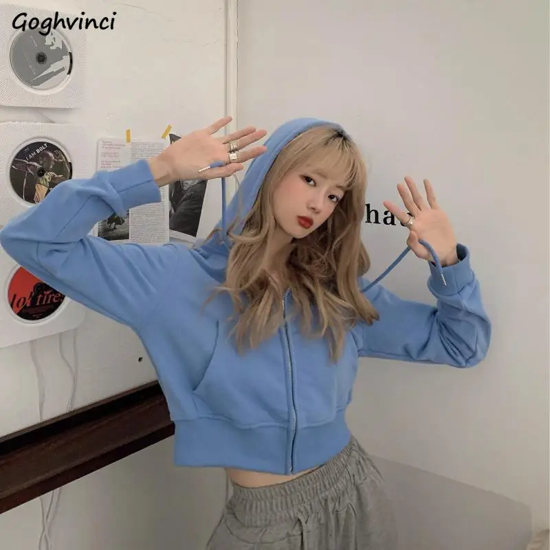 

Cropped Hoodies Women Spring Basic Zip-up Teens Vintage Solid Outerwear All-match Harajuku Female Cozy Korean Stylish College