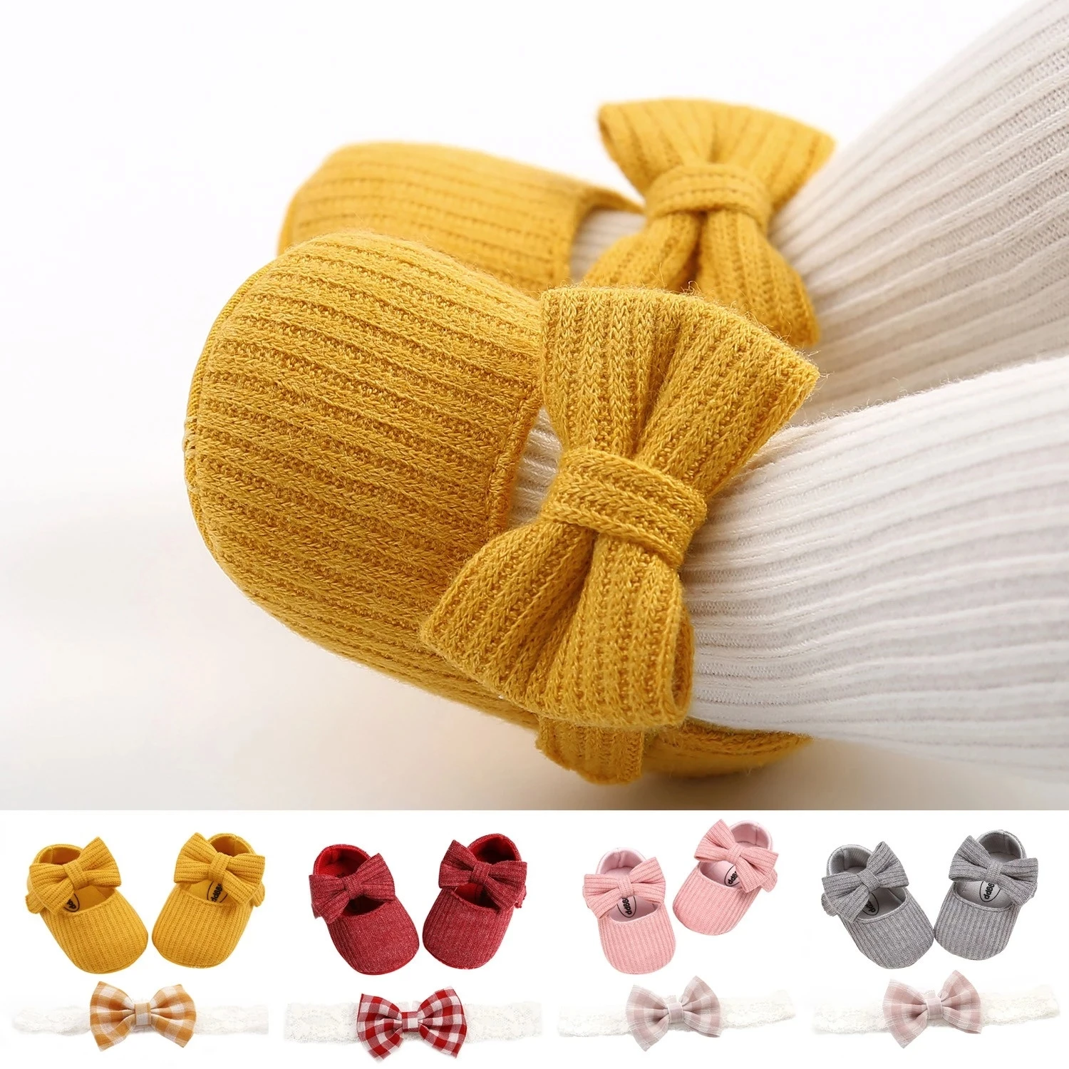 

0-18m First Walkers Cotton Soft Solid Toddler Shoes New Born Anti-Slip Sneakers Bow Baby Shoes Girls With Headwear Party Girls