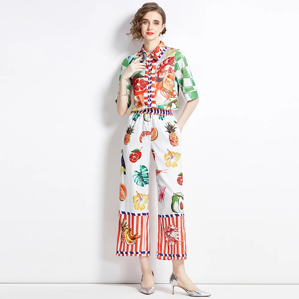 Runway Fashion Women 2 Piece Suit Summer Coloful Fruit Fish Print Shirt + Waist Elastic Pants Outfits Holiday Party Set M6799
Runway Fashion Women 2 Piece Suit Summer Coloful Fruit Fish Print Shirt + Waist Elastic Pants Outfits Holiday Party Set M6799