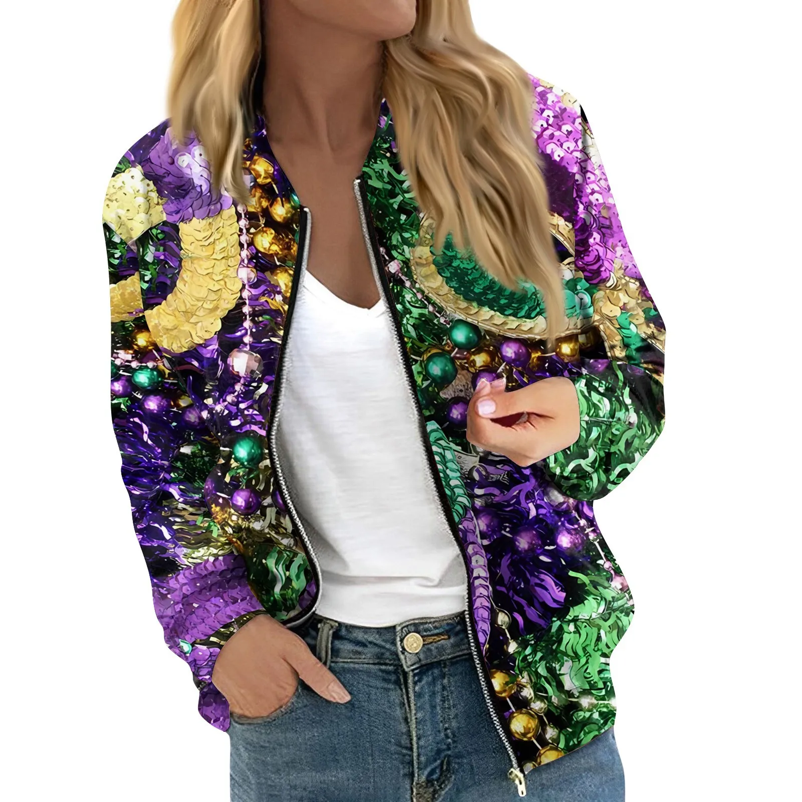 

Jacket For Women Long Sleeve Lightweight Zip Up Cropped Fashion Mardi Gras Print 아우터 Casual Quilted Jackets Whith Pockets