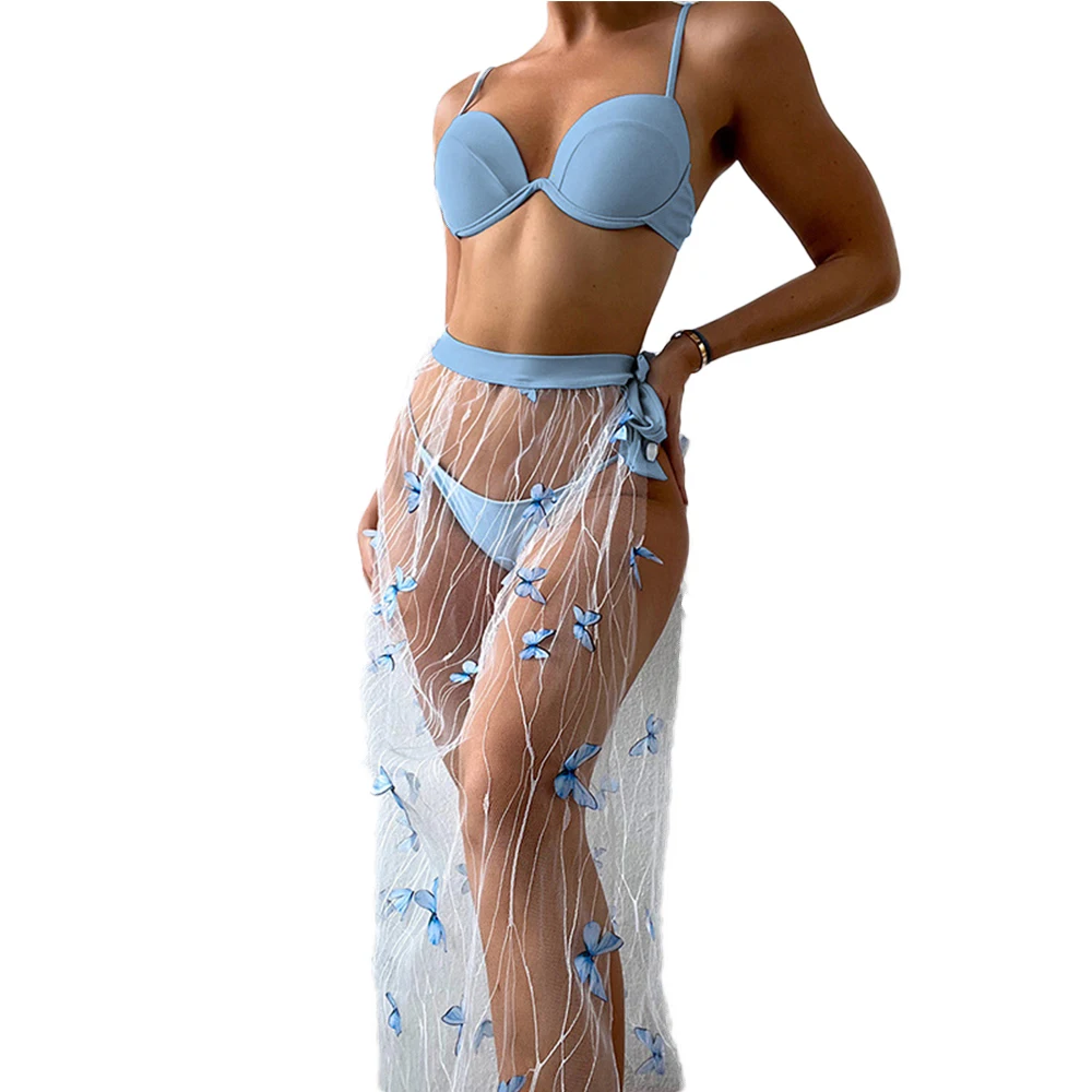 

FS Sky Blue Thong Bikinis Set Cover Ups Swimwear Push Up Decoration Butterfly Beachwear Swimsuits 3 Pieces With Mesh Long Skirt