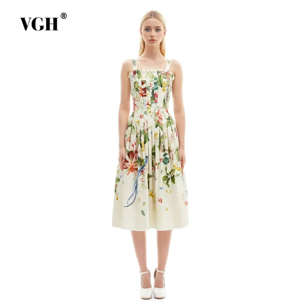 

VGH Hit Color Printing Patchwork Folds Dresses For Women Square Collar Sleeveless High Waist Casual Camisole Dress Female New