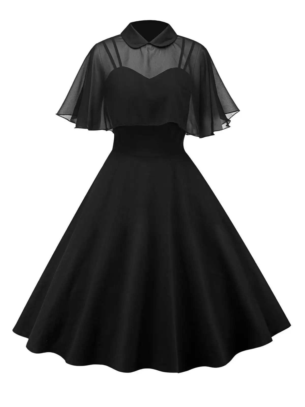 

Women's Vintage Casual Plus Size Cape Spliced Swing Dress Gothic Punk Pleated Organza SleevesFit Flare Women's Dress Black Solid
