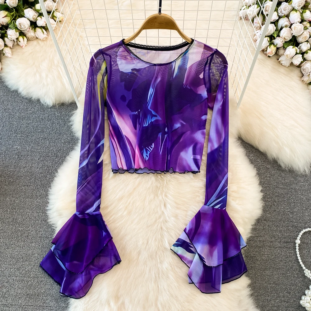 Tie-dyed Short Mesh T Shirts Women Long Flare Sleeve Gradient T-shirt Women's Mesh Sunscreen MeshTop
Tie-dyed Short Mesh T Shirts Women Long Flare Sleeve Gradient T-shirt Women's Mesh Sunscreen MeshTop