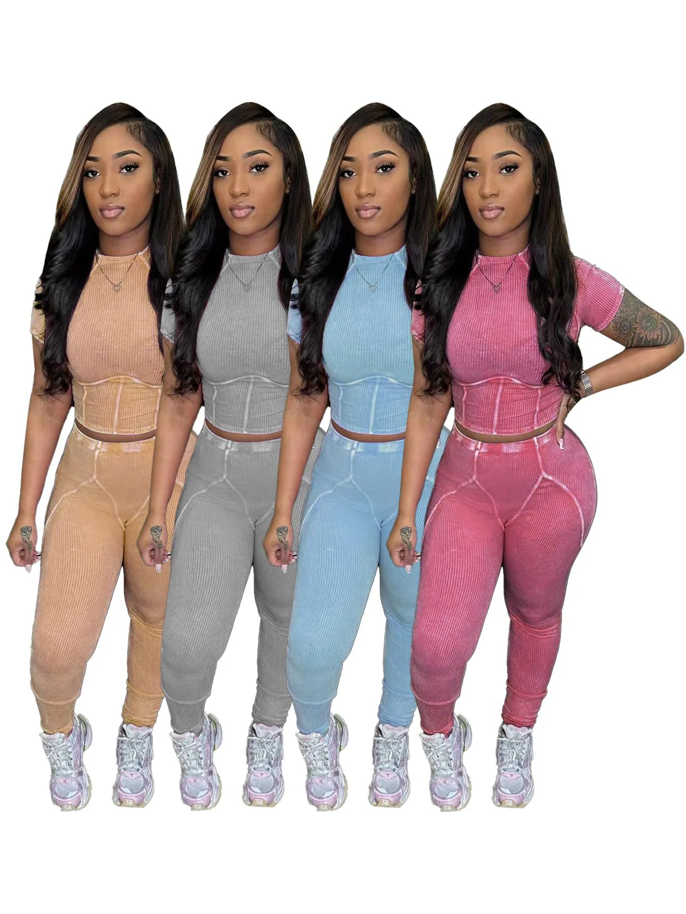 

Women Tracksuit Summer Fashion Ribbed Short Sleeve Crop Top+High Waist Pants Set Sportswear Casual Two Piece Sets Jogger Set