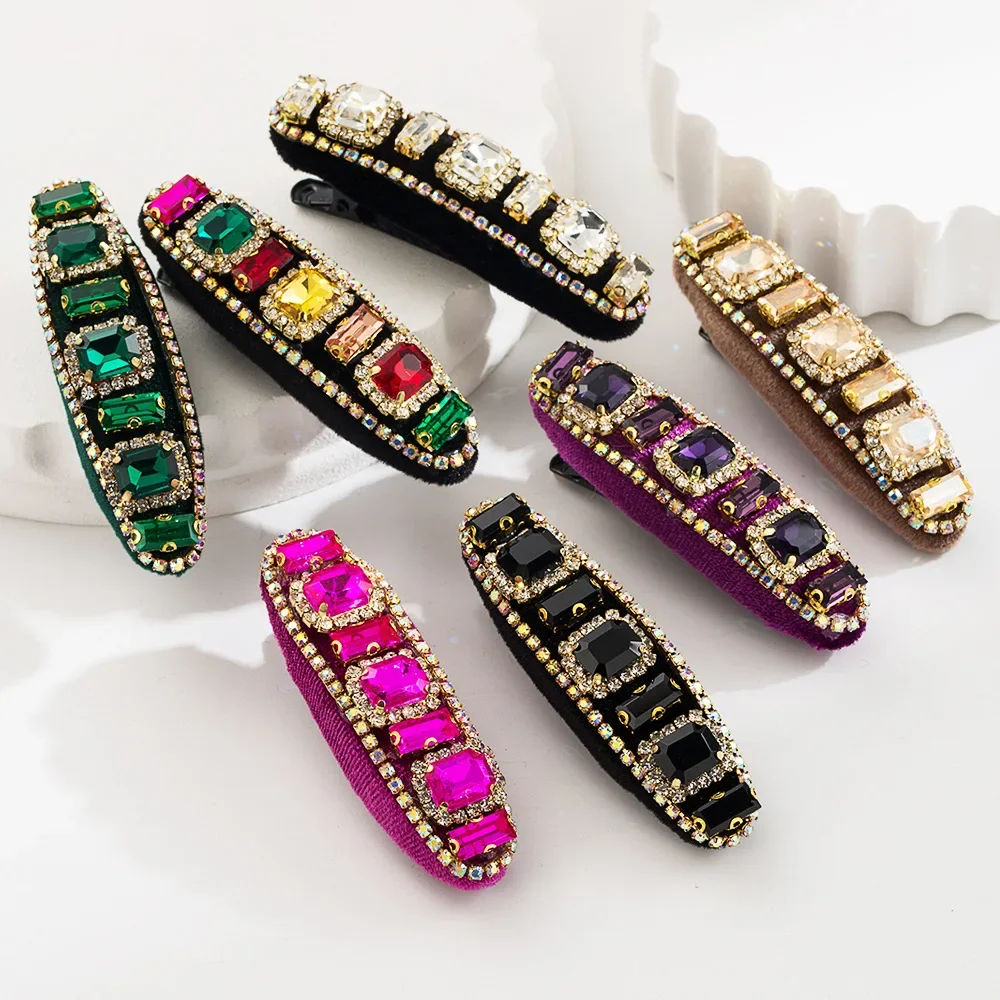 

Korean Style Vintage Sponge Flannel Colorful Crystals Barrettes Fashion Baroque All-Match Fringe Hairpin Women