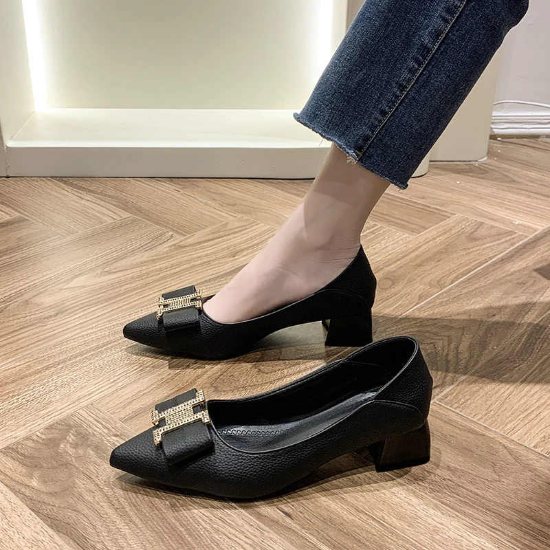 

Женские туфли на высоком каблуке, удобные профессиональные туфли с острым носком на толстом каблуке, весна-лето 2024