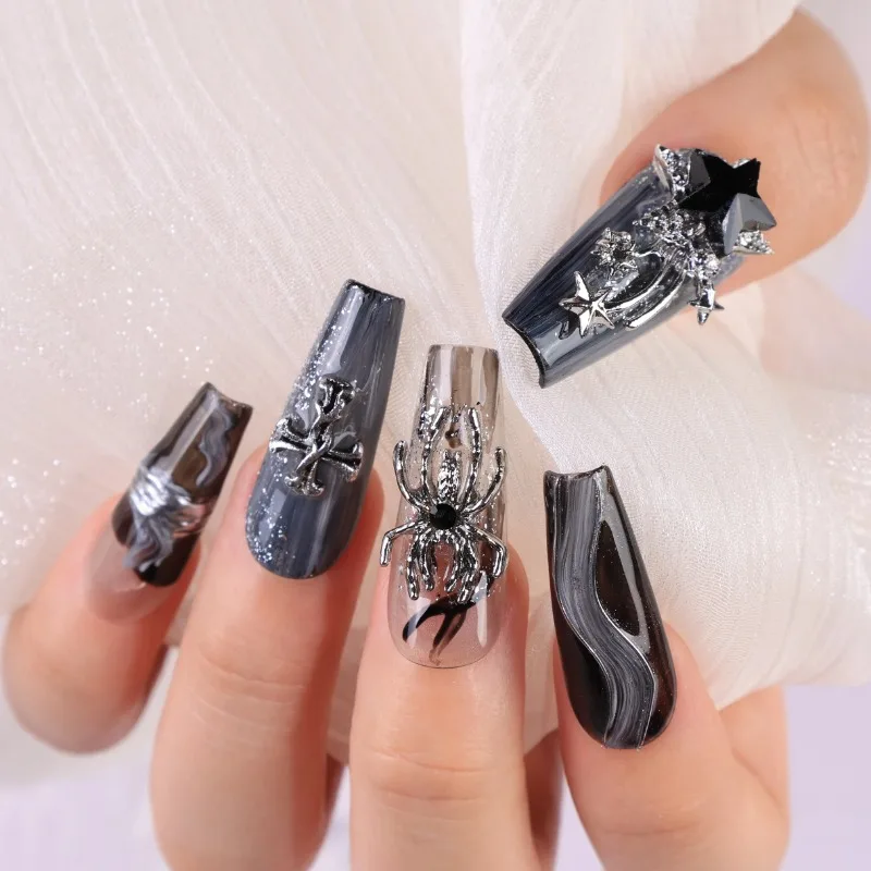 10Pcs Handmade Glossy Long French Press on Nails with 3D Spider Design Sparkling and Reusable Fake Nails Suitable
10Pcs Handmade Glossy Long French Press on Nails with 3D Spider Design Sparkling and Reusable Fake Nails Suitable