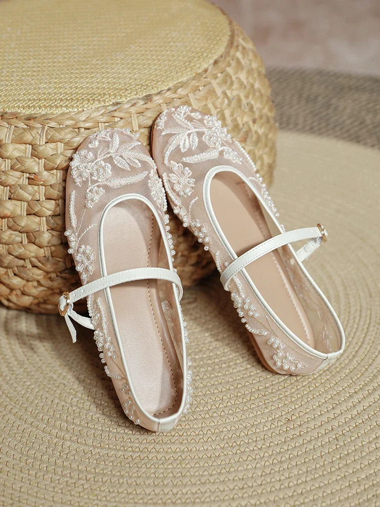 Summer White Pearl Decoration Mesh Embroidery Ballet Flats Women Elegant String Bead Flat Sandals Light Mary Jane Designer Shoes 41 Sac884ffd53b1488ebbf074b58d45c789z
