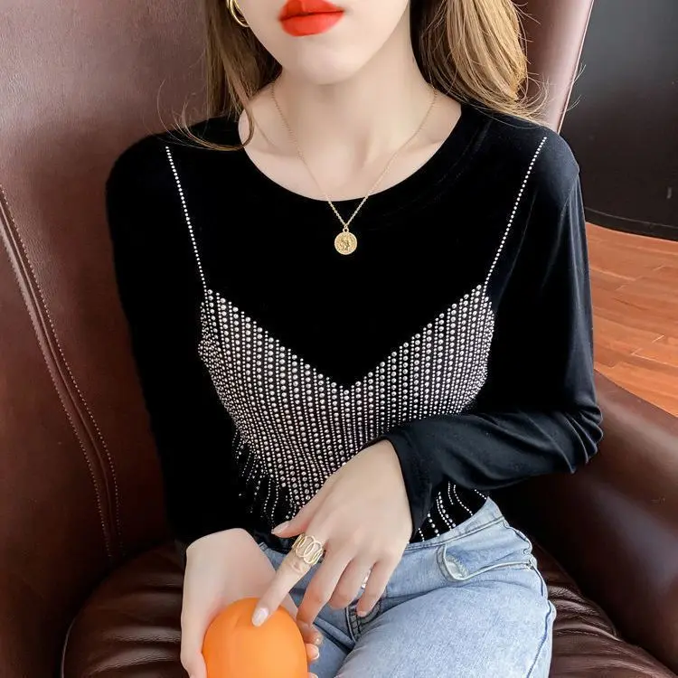 Long Sleeved T-shirt Women's Heavy Industry Hot Diamond Spring Autumn New Fake Two Piece Tshirts Round Collar Top M-4XL
Long Sleeved T-shirt Women's Heavy Industry Hot Diamond Spring Autumn New Fake Two Piece Tshirts Round Collar Top M-4XL