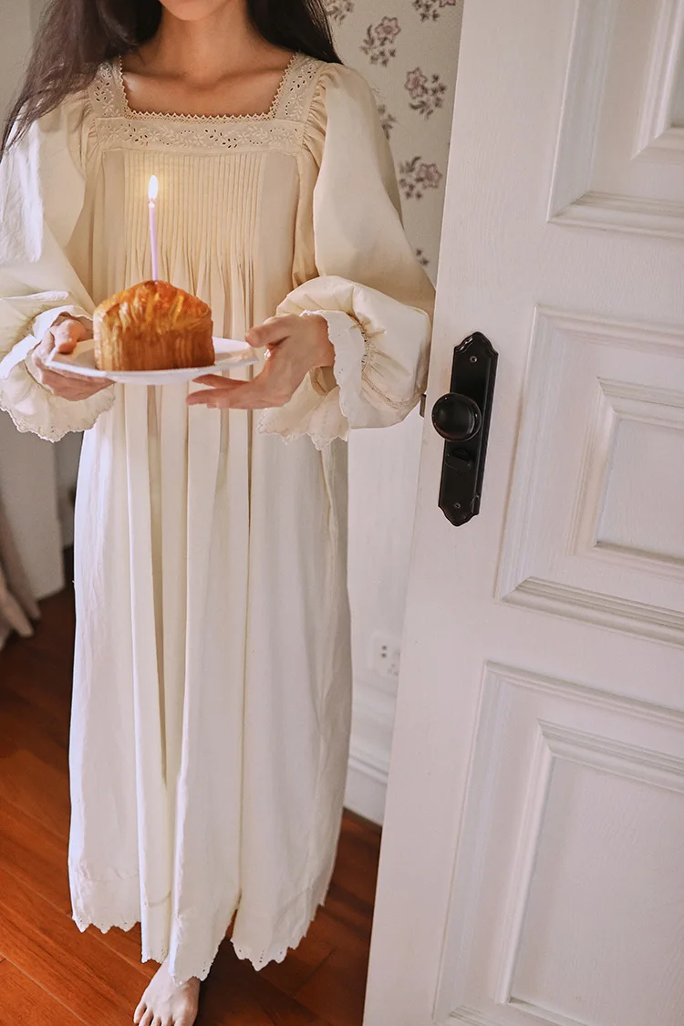 Vintage Soft Cotton Beige Long Nightgowns For Women Long Sleeve Elegant Nightshirts Comfortable Loose Sweet Night Dress 16 Sac896356744f4a8ebb689c518931b3a4E