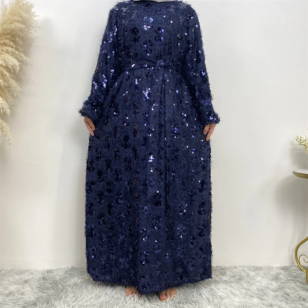 

Sequin Tassel for Women Muslim Abaya Long Maxi Dresses Turkey Evening Kaftan Dubai Islam Robe Belted Party Gown Ramadan Jalabiya