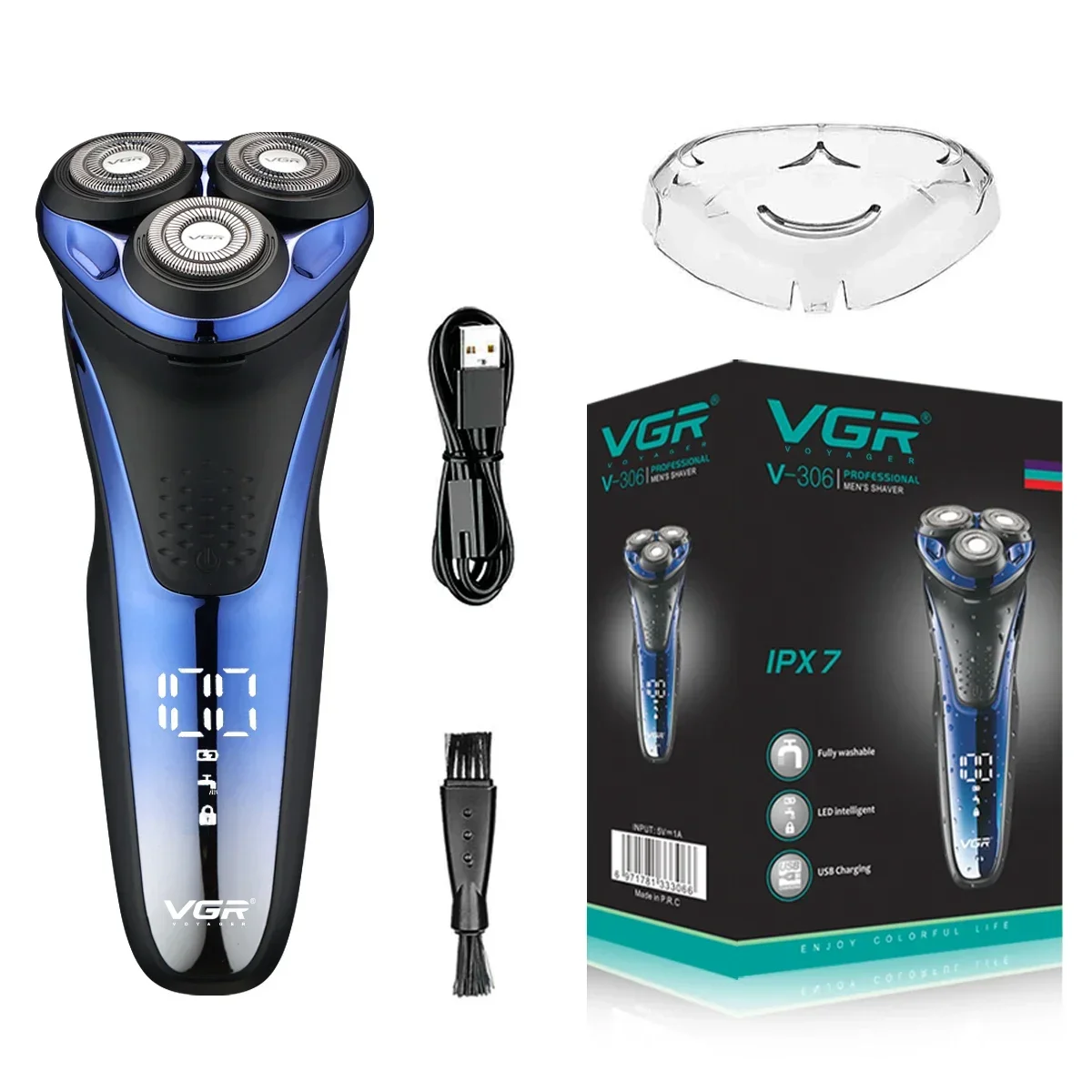 

VGR Electric Shavers for Men IPX7 Waterproof 3D Floating Three-blade Headband Self-sharpening Men's Razor V-306