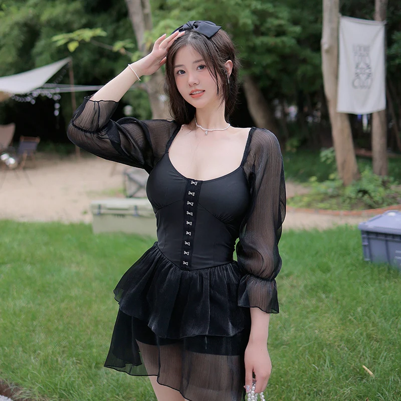 

Women's Swimwear Two Pieces Swimsuits Chic Retro Solid Black Long Sleeved Sun Protection Gauze Kilt Hot Hot Spring Wearing