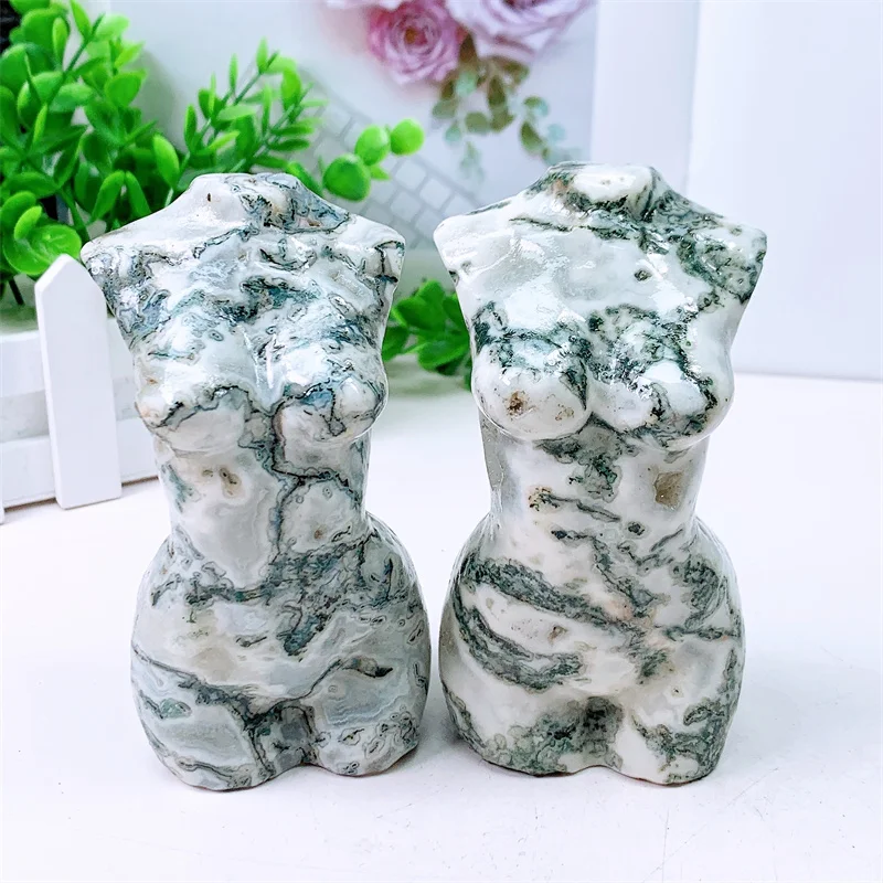 

Natural Moss Agate Lady Body Carving Healing Crystal Gemstone Collectible Home Decoration Gift 1pcs 10CM